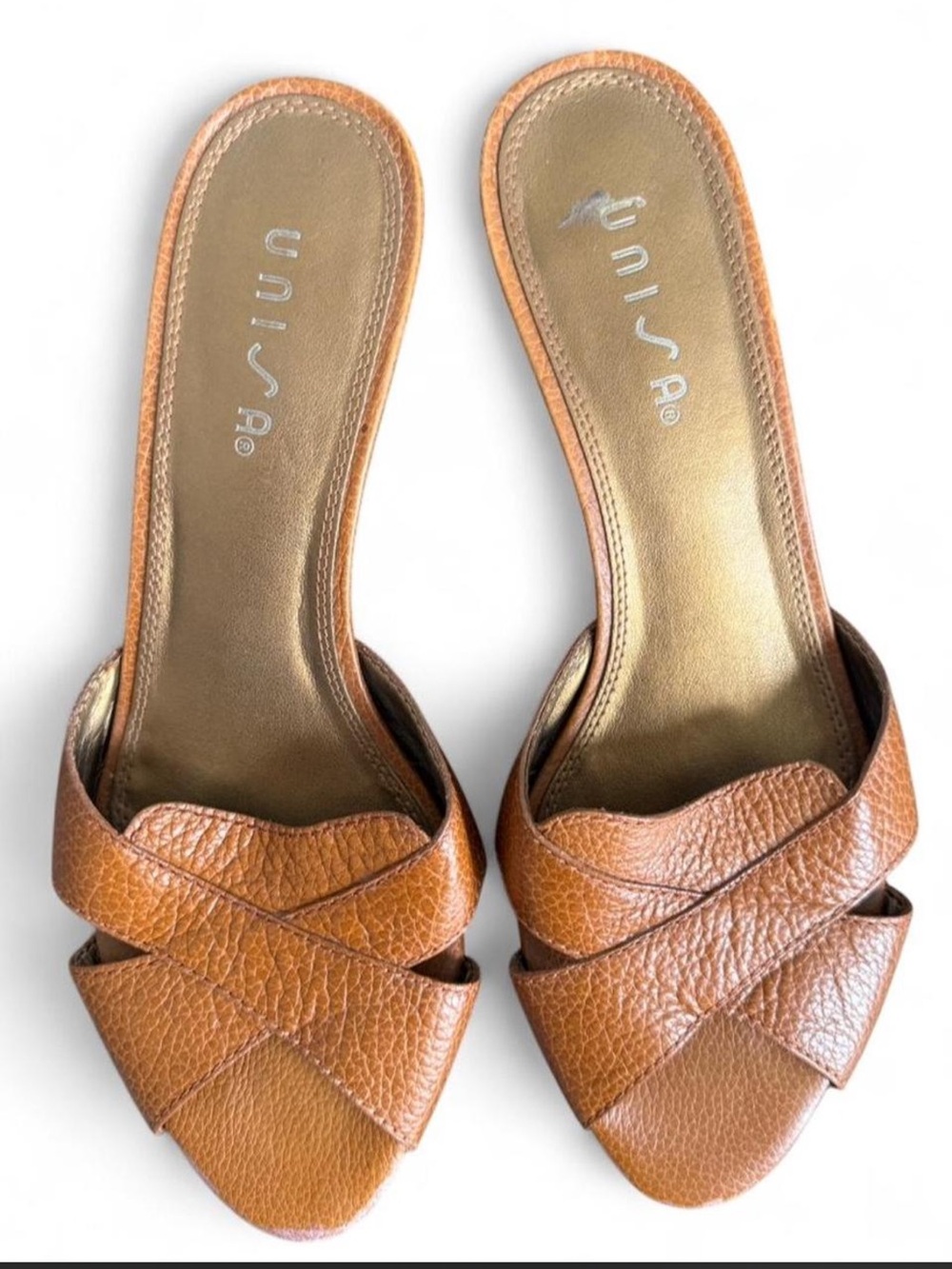 Unisa Cognac Leather Mule Heels Minimalist Woven Crossover Genuine Leather